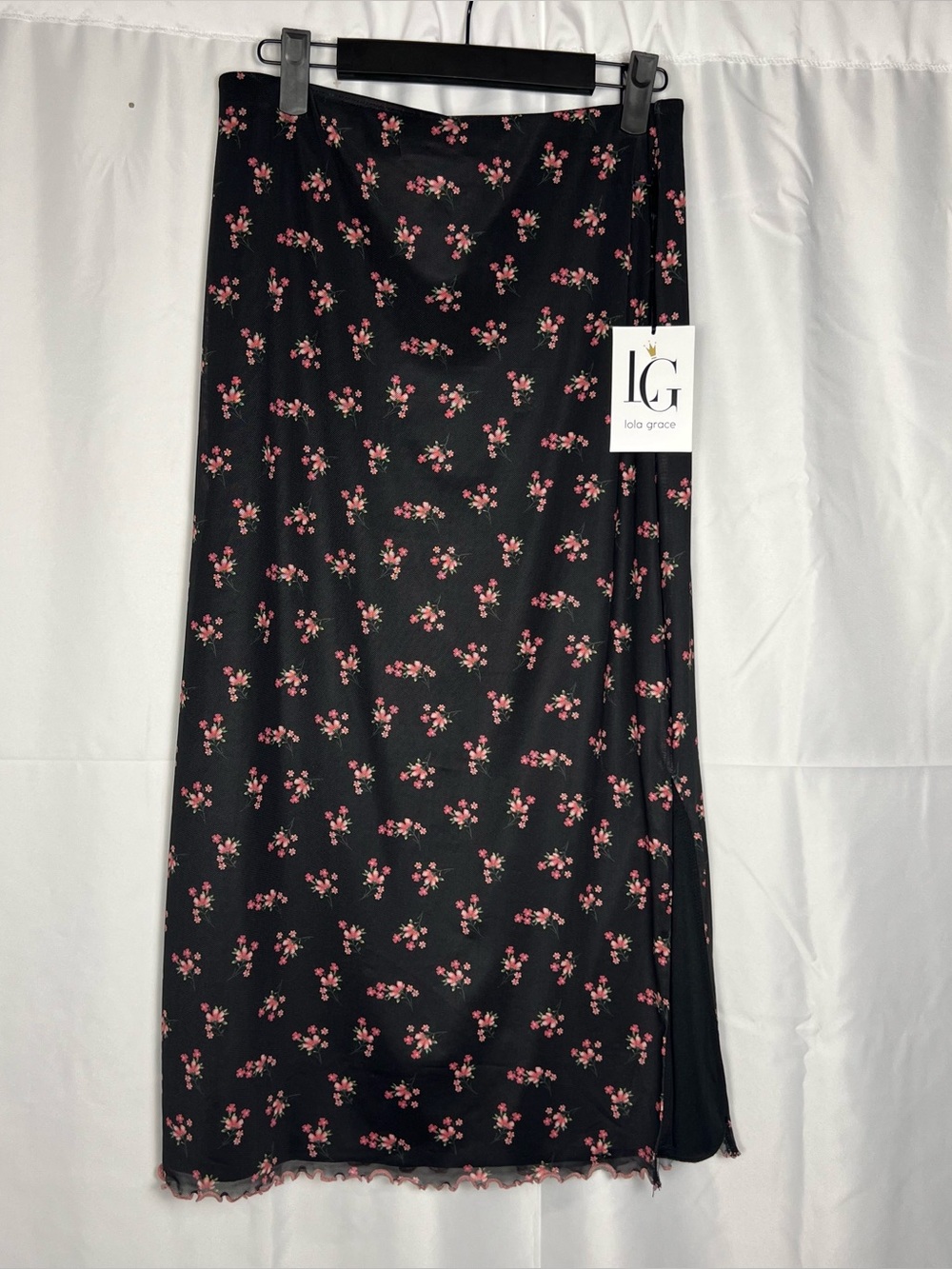Lola Grace black and pink floral mesh midi skirt with lettuce trim and side slit